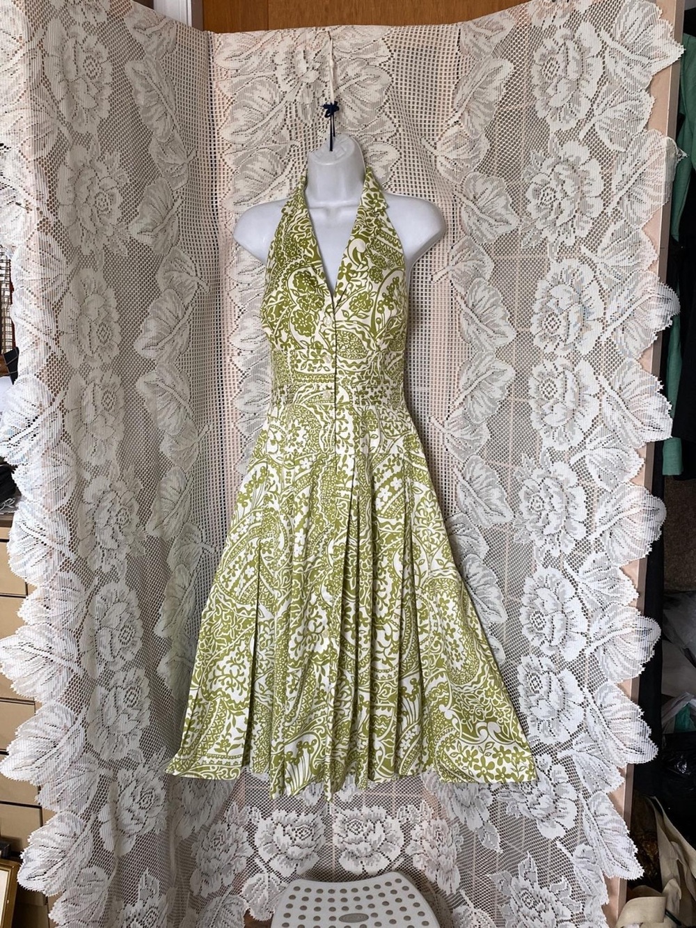 Fit and Flare Olive Green and White Halter Dress